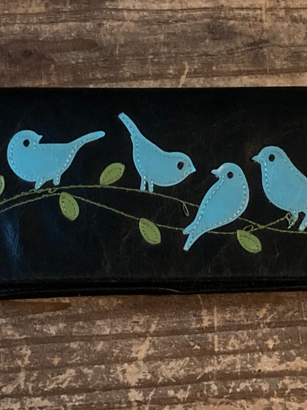 LAVISHY Vegan Leather Wallet, Check Bk, Black, Blue Bird Applique, PETA Approved